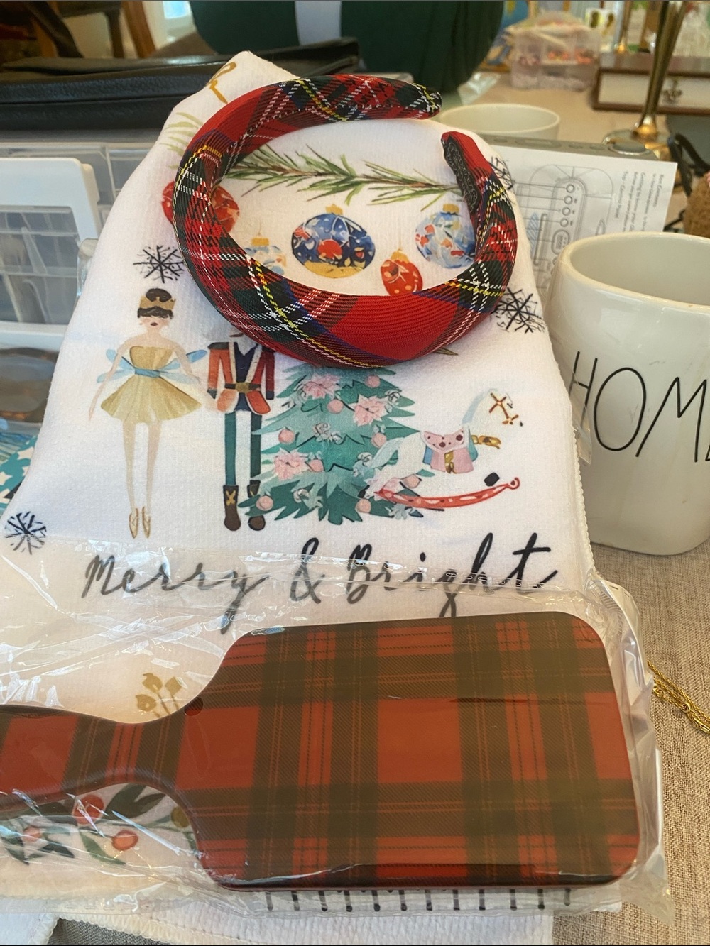 Holiday Plaid Headband and Paddle Brush Set - Red Plaid w/kitchen towel